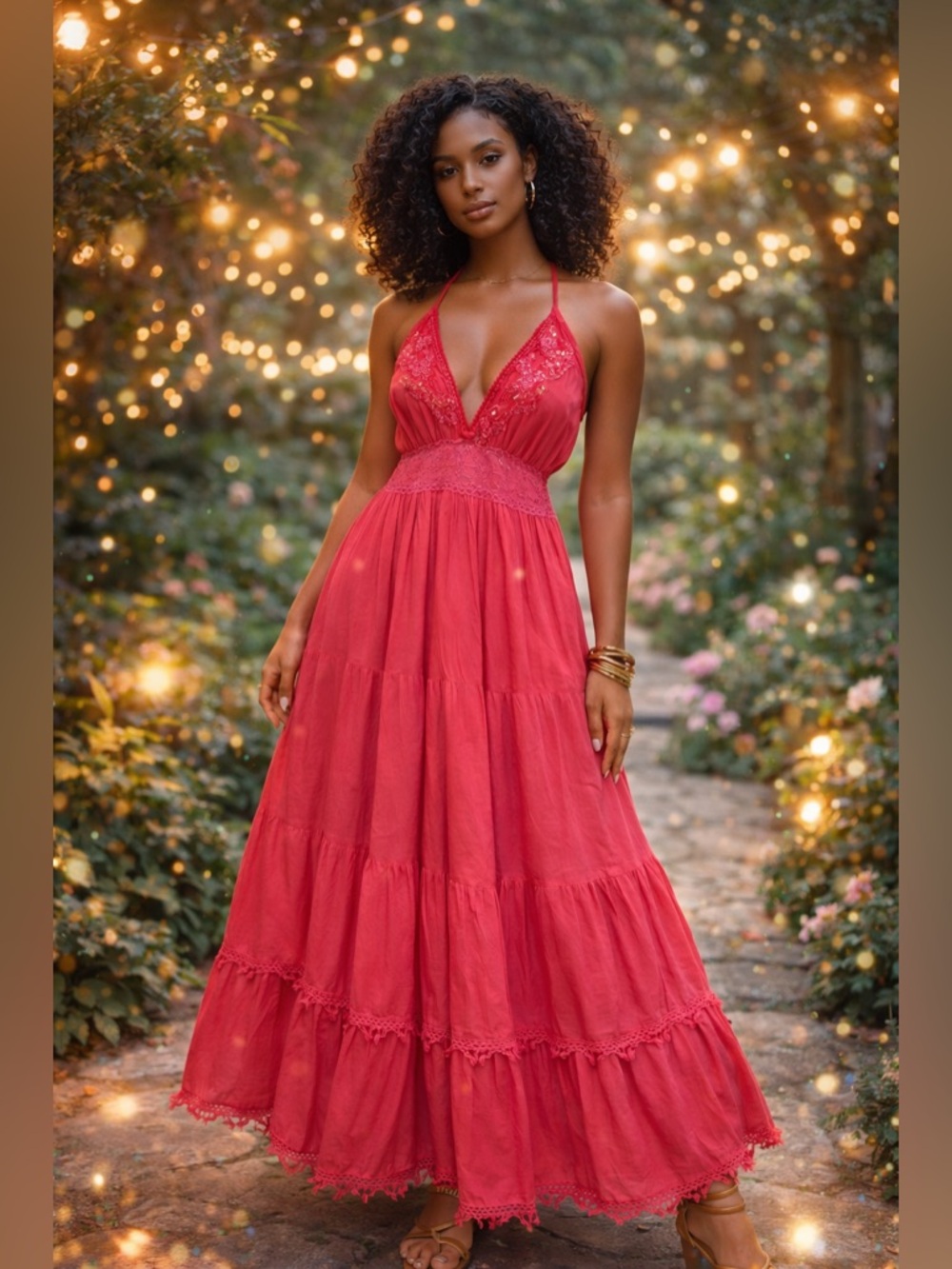 NWT Elegant Italian Pink Halter Open Back Maxi Dress with Lace Waist Detail